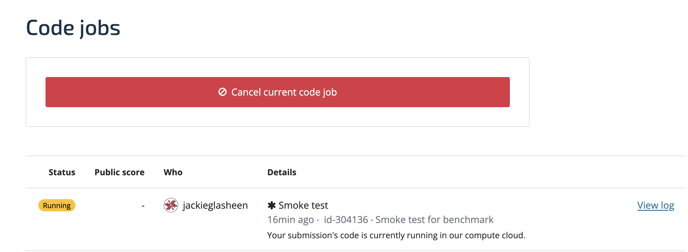 Screenshot of the competition submission page showing a smoke test submission that is in progress.