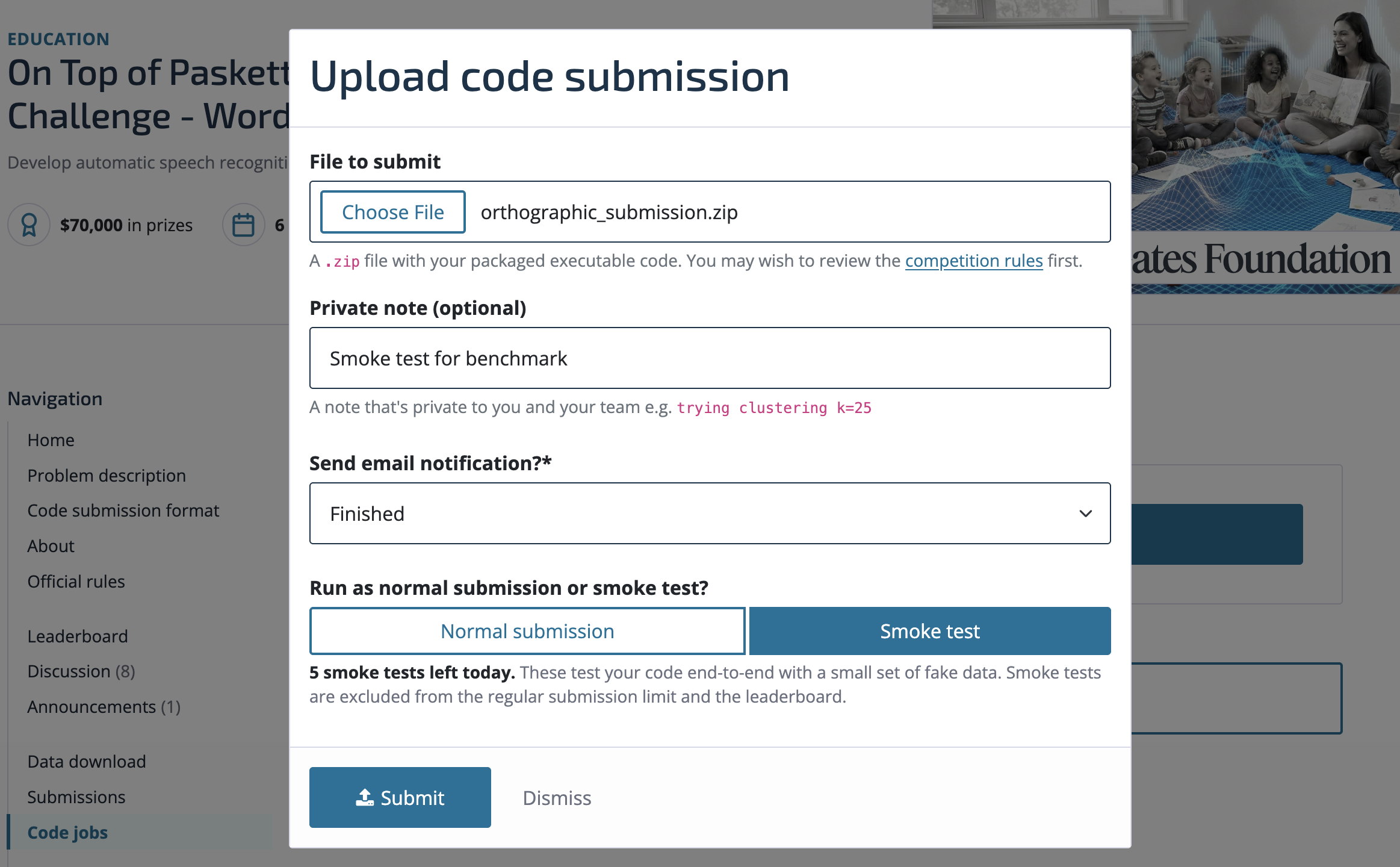 Screenshot of the competition submission page showing the options of a normal submission or a smoke test submission.