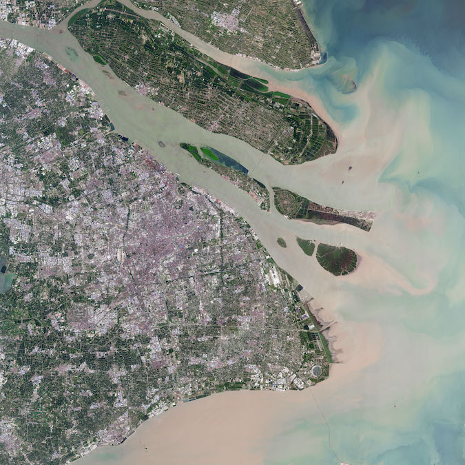 Landsat image of Shanghai in 2019. The city has grown and much of the greenery has been overtaken.